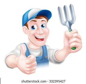 A cartoon gardener character holding a garden fork and giving a thumbs up