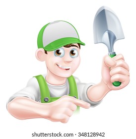 A cartoon gardener character holding a garden trowel and pointing