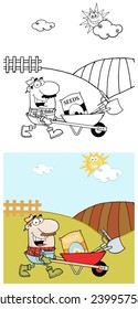 Cartoon Gardener Drives A Barrow With Tools. Vector Collection Set