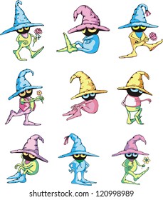 Cartoon gardener dwarf characters. Set of color vector illustrations.