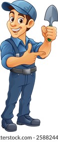 A cartoon gardener or farmer handyman mascot man holding a garden trowel spade tool and pointing