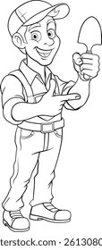 A cartoon gardener or farmer handyman mascot man holding a garden trowel spade tool and pointing