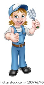 A cartoon gardener holding a gardening tool and giving a thumbs up