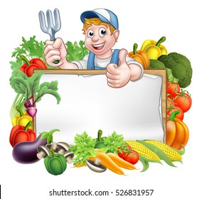 A cartoon gardener holding a gardening tool and giving a thumbs up with a sign surrounded by vegetables and fruit garden produce