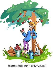 Cartoon gardener next to an apple tree. A young man picks apples from a tree.