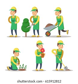 Cartoon Gardener Planting Plant. Gardening. Vector illustration
