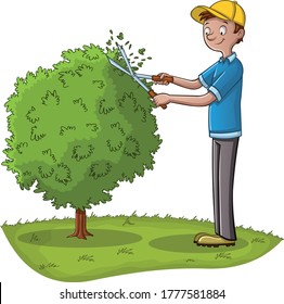 Cartoon gardener pruning a tree. Man working in the garden.