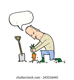 cartoon gardener with speech bubble