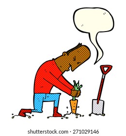 cartoon gardener with speech bubble