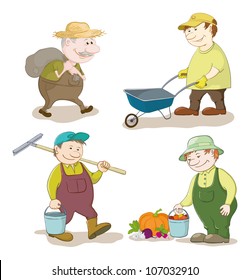 Cartoon gardeners work: carries a sack, carries empty trolley, carries a bucket and a rake, with the harvest of vegetables. Vector illustration