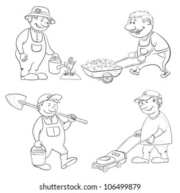 Cartoon: gardeners work: watering a flower, carries trolley, with a bucket and spade, with a lawnmower. Black contour on white. Vector