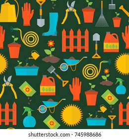 Cartoon Gardening Equipment Background Pattern Flat Style Design Farm Element. Vector illustration