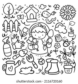 Cartoon Gardening in Kawaii Doodle Style Vector Clip Art