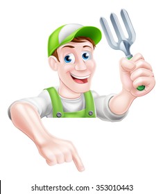 A cartoon gardening mascot gardener man holding a garden trowel and pointing down
