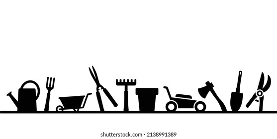 Cartoon gardening pattern. Garden tools icon or pictogram. Garden maintenance logo. Rake, lawnmower, shovel, pruning knife, secateurs, watering can, wheelbarrow and ax. Gardener, garden banner.