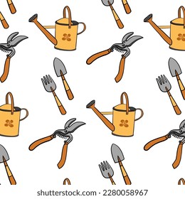 Cartoon gardening pattern. Garden tools icon or pictogram. Garden maintenance logo. Rake, lawnmower, shovel, pruning knife, secateurs, watering can, wheelbarrow and ax. Gardener, garden banner