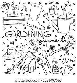 Cartoon gardening pattern. Garden tools icon or pictogram. Garden maintenance logo. Rake, lawnmower, shovel, pruning knife, secateurs, watering can, wheelbarrow and ax. Gardener, garden banner