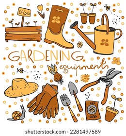 Cartoon gardening pattern. Garden tools icon or pictogram. Garden maintenance logo. Rake, lawnmower, shovel, pruning knife, secateurs, watering can, wheelbarrow and ax. Gardener, garden banner