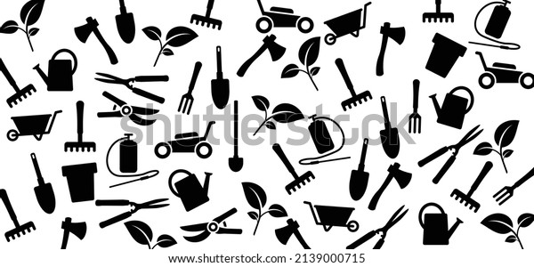 Cartoon gardening pattern. Garden tools icon or\
pictogram. Garden maintenance logo. Rake, lawnmower, shovel,\
pruning knife, secateurs, watering can, wheelbarrow and ax.\
Gardener, garden\
banner
