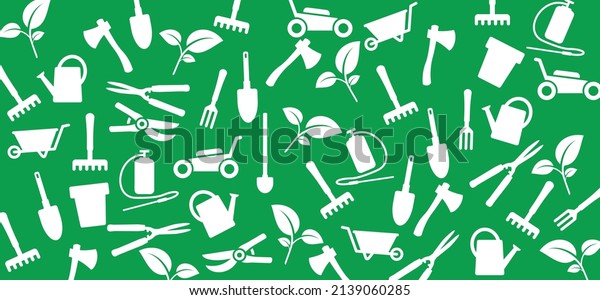 Cartoon gardening pattern. Garden tools icon or\
pictogram. Garden maintenance logo. Rake, lawnmower, shovel,\
pruning knife, secateurs, watering can, wheelbarrow and ax.\
Gardener, garden green\
banner.