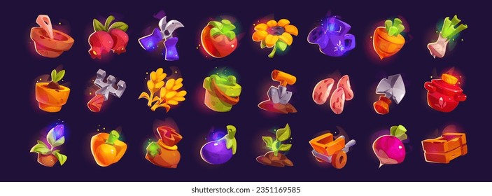Cartoon gardening tools and vegetable harvest set isolated on background. Vector illustration of farm game assets. Sack, rake, wooden crate, grain, plant sprout, sunflower, beans, eggplant, carrot