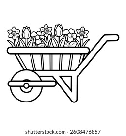 Cartoon gardening wheelbarrow with flowers vector illustration in black and white isolated on white background	