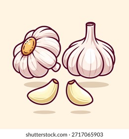 Cartoon Knoblauchzwiebel und Nelken Vektorgrafik - Frisches Gemüse Lebensmittel Zutat Clipart im Outline-Stil
