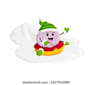 Cartoon garlic vegetable character riding on a paddle. Christmas celebration, winter season greeting or merry Xmas cheerful veggie vector personage. Happy New Year holiday vegetable funny character