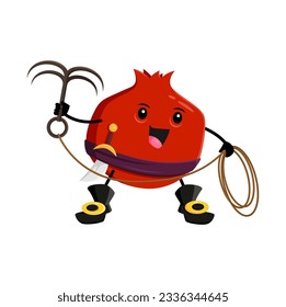 Cartoon garnet fruit pirate and corsair character with grappling hook and saber. Isolated vector smiling sailor buccaneer in boots prepare for boarding enemy ship. Pomegranate freebooter or picaroon