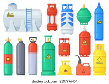 Cartoon gas cylinders. Pressure oxygen cylinder, metal tank with industrial flammable fuel, lpg bottle propane butan tanks, dangerous canister for storage, vector illustration. Gas tank compressed