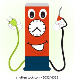 Cartoon gas station with a filling nozzle and electric plug in hands. Vector illustration