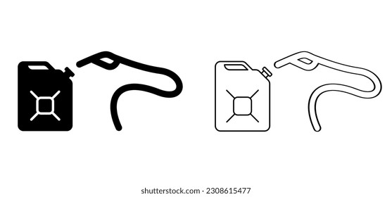 Cartoon gasoline, jerrycan with handle. Plastic or metal bottle jerry can. Canisters symbol. Fuel tank for transporting and storing petrol. Can jerrycan, canister, Motor oil. Gas pump nozzle.
