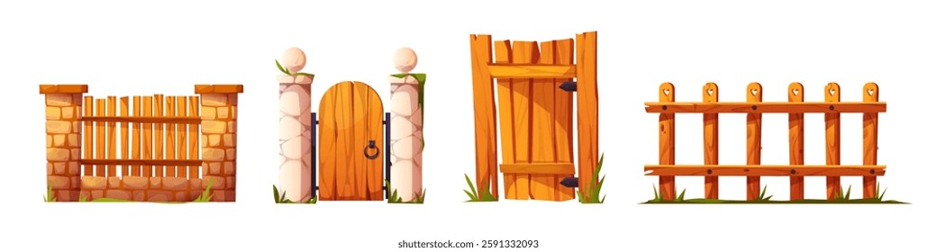 Cartoon gate and fence set with wooden doors and barriers - rustic entrance designs in country style with stone pillars and decorative elements. Garden boundary for game assets and farm backgrounds.