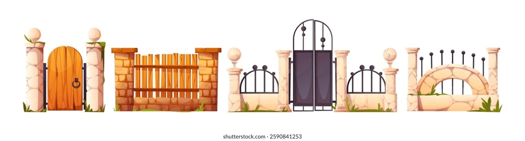 Cartoon gates and fences collection with stone pillars - entrance set with wooden doors, metal railings and brick arches. Garden property boundaries with decorative elements for game assets.