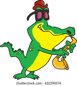 Cartoon Gator Playing A Saxophone