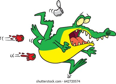 cartoon gator running from garbage being thrown at him