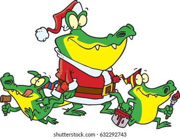 cartoon gator santa and gator elves
