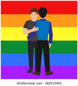 Cartoon Gay couple hugging with rainbow flag on background vector