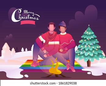 Cartoon Gay Couple Sitting In Front Of Bonfire With Decorative Xmas Tree On Snowy Purple Background For Merry Christmas Celebration.