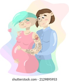 Cartoon gay lesbian nonconformist couple pregnant isolated on colorful background