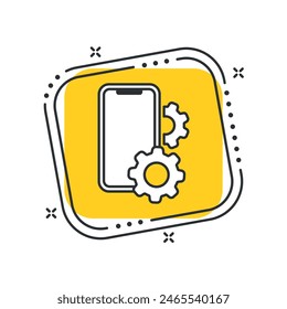 Cartoon gear with update icon vector illustration. Cogwheel with  arrow on isolated yellow square background. Refresh sign concept.