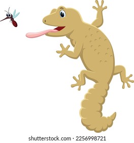 Cartoon gecko hunt mosquito isolated on white