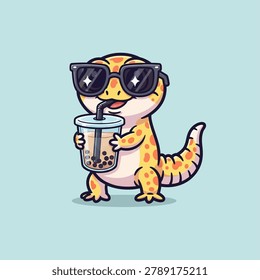 A cartoon gecko with sunglasses holding a bubble tea drink.