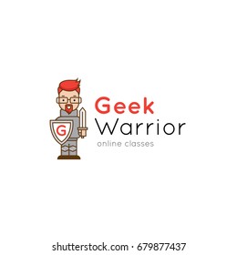 Cartoon geek warrior logo. Development studio and online courses mascot