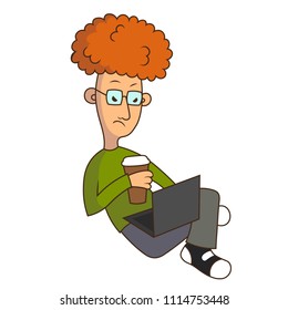 Cartoon geek working on computer. Colorful hand drawn vector illustration of a frown man sitting with a laptop on his knees and a coffee cup in his hand.