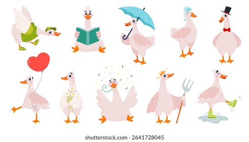 Cartoon geese. Adorable goose in different poses. Farm birds reading book, walking on puddles, sleeping. Funny children style stickers, classy vector set