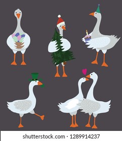 Cartoon Geese with Holiday Accessories Set for Xmas, Valentine and Patrick Day. Vector illustration of Goose and Gander
