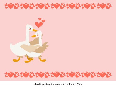 Cartoon geese in love hugging on pink background. Vector pink horizontal background with a frame of hearts and space for text for design of cards, banners, invitations