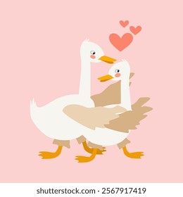 Cartoon geese in love hugging. Vector illustration for design of cards, banners, invitations, packaging, prints for clothes for Valentine's Day, wedding