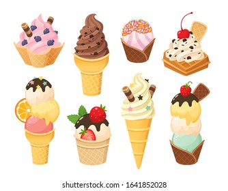 Cartoon gelato and waffle cones with ice cream balls. Ice cream food in chocolate strawberry mint and vanilla flavors. Various toppings waffle cups and sundae.  Vector illustration desserts part 5/5